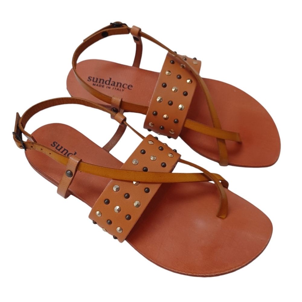 Sundance Sandals Caramel Brown Leather Studs‎ Flat Strappy NEW Womens 6